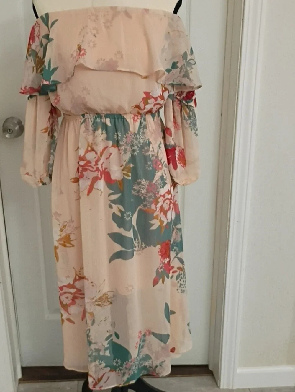 Express Floral Off-Shoulder Maxi Dress in Blush Pink Peachy and Teal